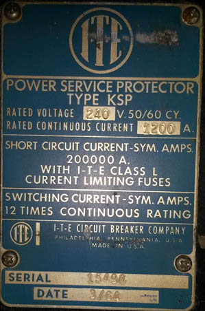 1200 Amp, ITE, KSP, 240 V., 1964, ELEC.OP., STATIONARY, 3 POLE;-1