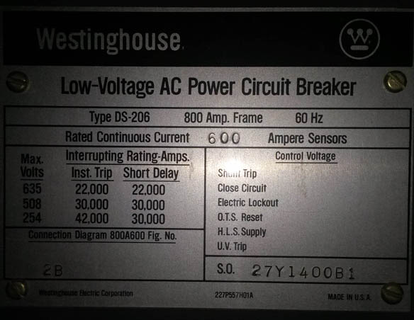 800 Amp, WESTINGHOUSE, DS206, 480 V., MAN.OP., INDOOR, DRAWOUT;-1