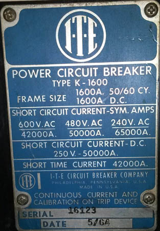 [016770] 1600 Amp, ITE, K-1600, 480 V., 1967, 1200 AMP TRIPS;-1
