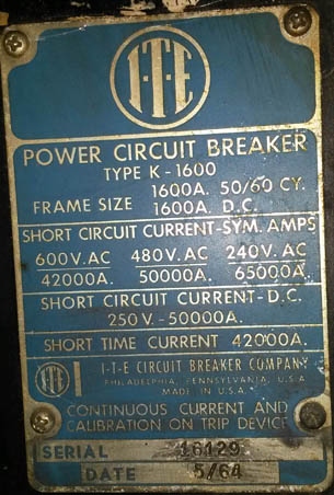 [016771] 1600 Amp, ITE, K-1600, 480 V., 1967, 400 AMP TRIPS;-1