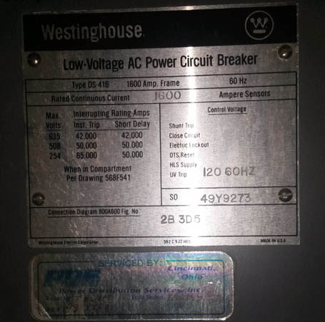 [017335] 1600 Amp, WESTINGHOUSE, DS-416, 480 V., MAN.OP., DRAWOUT;-1