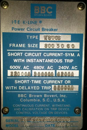 [019580] 800 Amp, ITE, K-800S, 480 V., 1983, MAN. OPER., DRAWOUT, K-LINE, 120 VAC; -1