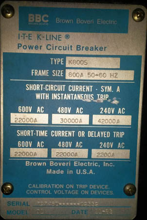 [019589] 800 Amp, ITE, K-800S, 480 V., 1983, ELEC. OPER., DRAWOUT, K-LINE, 120 VAC; -1