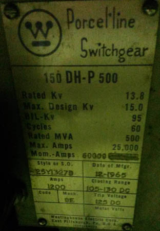 [019979] 1200 Amp, WESTINGHOUSE, 150DHP500, 13.8 KV, 1965, 125VDC CONTROL, INDOORHOUSED-1