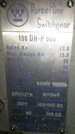 [019981] 1200 Amp, WESTINGHOUSE, 150DHP500, 13.8 KV, 1965, 125VDC CONTROL, INDOORHOUSED-1