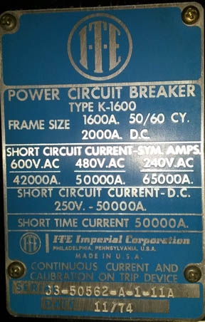[021042] 1600 Amp, ITE, K1600 RED, 480 V., MANUALLY OP., DRAWOUT, INDOORHOUSED -1