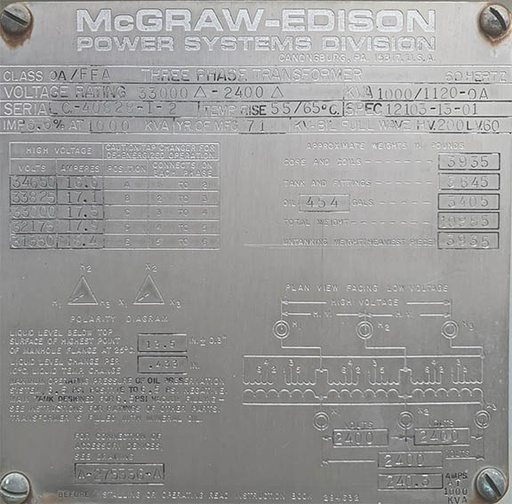[023097] 1000 KVA, Pri. 33000 V, D, Sec. 2400 V, D, 1971, MCGRAW EDISON, STATION TXFMR: 1