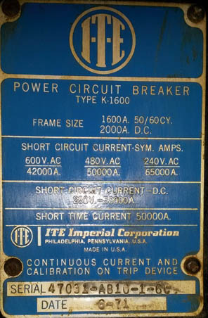 [023531] 1200 Amp, ITE, K-1600, 600 V., MO/DO, OD3 TRIPS, LI