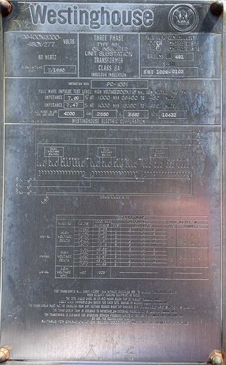 [025479] 1000/1120 KVA, WESTINGHOUSE, Pri. 26400 X 13200 D, Sec. 480 Y, SUBSTATION