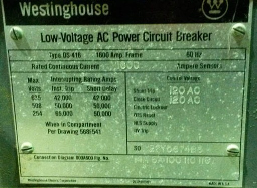 [025528] 1600 Amp, WESTINGHOUSE, DS416, 480 V.,