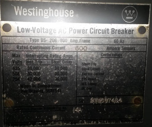 [025548] 600 Amp, WESTINGHOUSE, DS206, 480 V.,