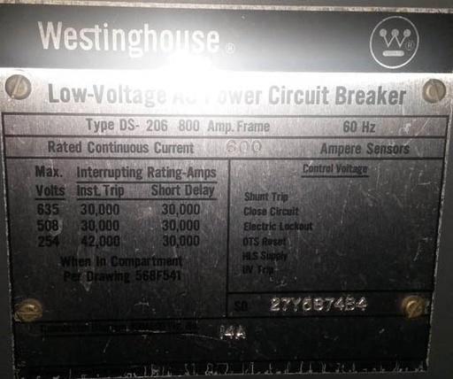 [025552] 600 Amp, WESTINGHOUSE, DS 206, 480 V.,