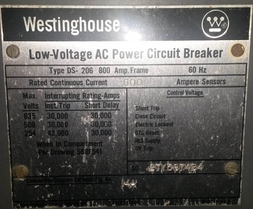 [025553] 600 Amp, WESTINGHOUSE, DS 206, 480 V.,