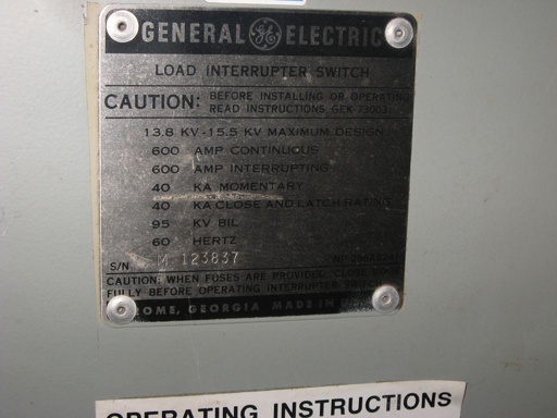 [026113] 600 Amp, GE, No. POWERBREAK, 13800 V., INDOOR, FUSED, LOADBREAK SWITCH: -1