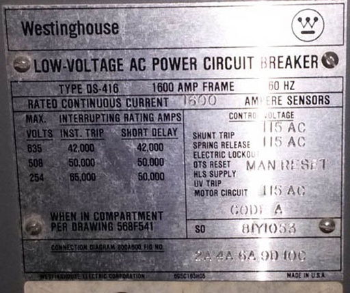 [028129] 1600 Amp, WESTINGHOUSE, DS-416, 480 V., 1987, E/O, D/O, 115 VAC: -1
