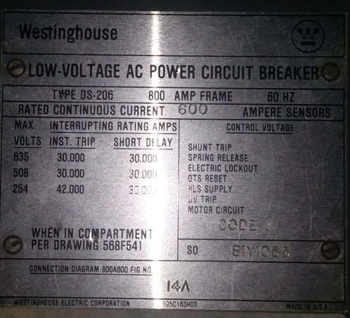[028143] 800 Amp, WESTINGHOUSE, DS-206, 480 V., 1987, M/O, D/O, RMS-800, L,I,G TRIPS: -1