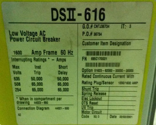 [028746] 1600 Amp, SQUARE D, DS2-616, 635 V., M/O, D/O, DIGITRIP 510, L,S,I,G: -1