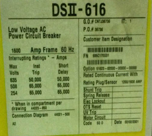 [028748] 1600 Amp, SQUARE D, DS2-616, 635 V., M/O, D/O, DIGITRIP 510, L,S,I,G: -1