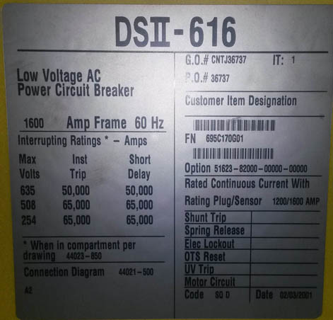 [028750] 1600 Amp, SQUARE D, DS2-616, 635 V., M/O, D/O, DIGITRIP 510, L,S,I,G: -1