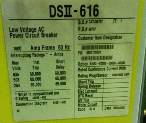 [028767] 1600 Amp, SQUARE D, DS2-616, 635 V., M/O, D/O, DIGITRIP 510, L,S,I,G: -1