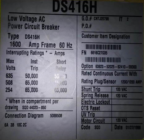[028906] 1600 Amp, SQUARE D, DS-416H, 635 V., 1998, E/O, D/O, 120 VAC, L,S,I,G: -1