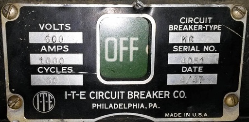 [030035] 1000 Amp, ITE, KC, 480 V., 1947, SLATE BACK, M/O, D/O, 125 VDC: -1