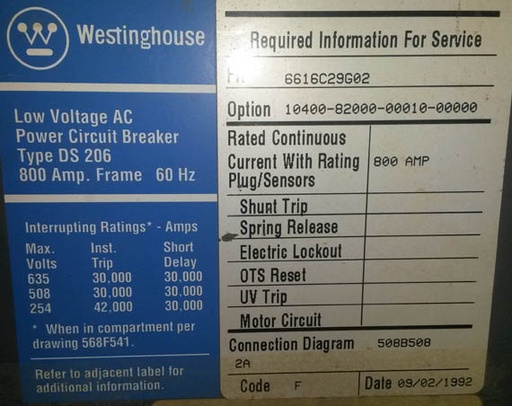 [030065] 800 Amp, WESTINGHOUSE, DS-206, 600 V., M/O, D/O, AMPTECTOR IA, L,S,I: -1