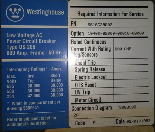 [030066] 800 Amp, WESTINGHOUSE, DS-206, 600 V., M/O, D/O, AMPTECTOR IA, L,S,I: -1