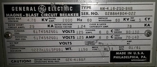 [030713] 2000 Amp, GE, AM4.16-250-9HB, 4160 V, E/O, D/O, 125 VDC CL & TR