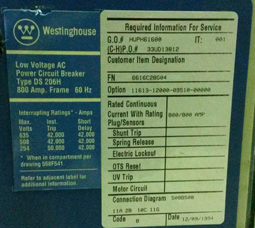 [030867] 800 Amp, SQUARE D, DS-206H, 480 V., M/O, D/O, DIGITRIP 810D, L,I, 42 KAIC: -1