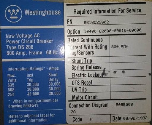 [030925] 800 Amp, WESTINGHOUSE, DS-206, 480 V., M/O, D/O, L,I, 800 AMP SENSORS: -1