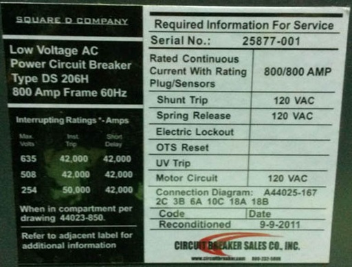 [031068] 800 Amp, WESTINGHOUSE, DS206H, 480 V., M/O, D/O, DIGITRIP 810D, L,I: -1