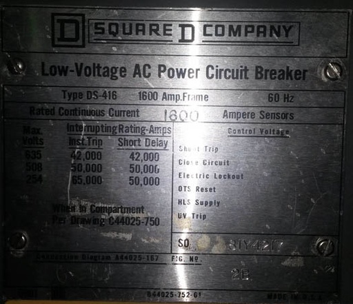 [032424] 1600 Amp, WESTINGHOUSE, DS416, 480 V., M/O, D/O, AMPTECTOR-IA L,I: -1