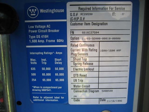 [032525] 1600 Amp, POWERTRON, DS-416H, 480 V., M/O, D/O, DIGITRIP 510 L,S, 1600 AMP PLUG
