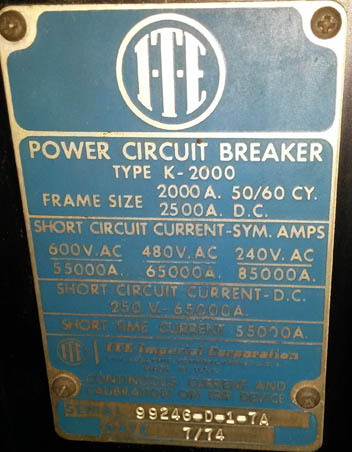[035083] 2000 Amp, ITE, K2000, 480 V., M/O, BOLT-IN STATIONARY:1