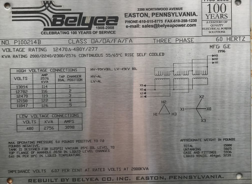 [035391] 2000/2240/2300/2516 KVA, Pri 12470 D, Sec 480Y/277, GENERAL ELECTRIC, SILICONE, SUB