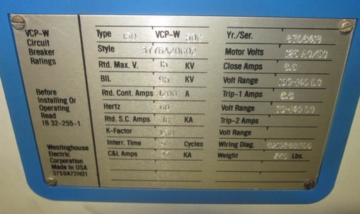 [036283] 1200 Amp, WESTINGHOUSE, 150 VCP-W-500, 15 KV, 1992, EO/DO, 125VDC MOT, CL,& T