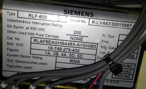 [036660] 800 Amp, SIEMENS, RLF-800, 600 V., E/O, D/O, 120 VAC MOTOR, CLOSE, TRIP