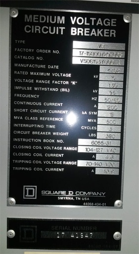 [036729] 1200 Amp, SQUARE D, VR V5D6153Y000A, 15 KV, 2002, 500 MVA, 120 VAC CL/125 VDC TR