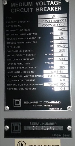 [036731] 1200 Amp, SQUARE D, VR V5D6153Y000A, 15 KV, 2002, 500 MVA, 120 VAC CL/125 VDC TR