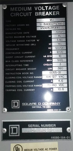 [036735] 1200 Amp, SQUARE D, VR V5D6153Y000A, 15 KV, 2002, 500 MVA, 120 VAC CL/125 VDC TR