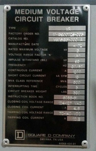 [036742] 1200 Amp, SQUARE D, VR V5D6153Y000A, 15 KV, 2002, 120 VAC CL/125 VDC TRIP:1