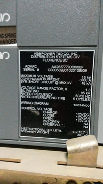 [037590] 3000 Amp, ABB, ADVAC, 15 KV, INDOOR, ARC FLASH, 2000, MAIN/TIE/PT/3 FEEDERS:1
