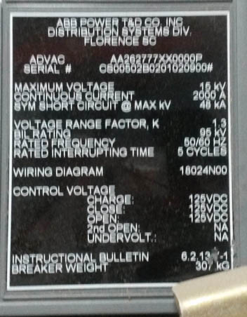 [037596] 2000 Amp, ABB, ADVAC, 15 KV, 2000, 125 VDC CHARGE/CLOSE/OPEN:1