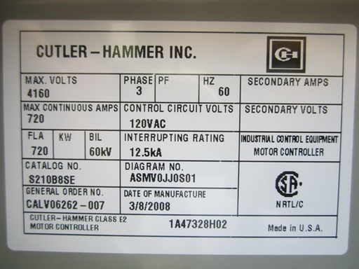[039023] 720 Amp, 4160 Volt, CUTLER HAMMER, SJ50V830, 2008, BOLT-IN, 120 VAC CONTROLS:1