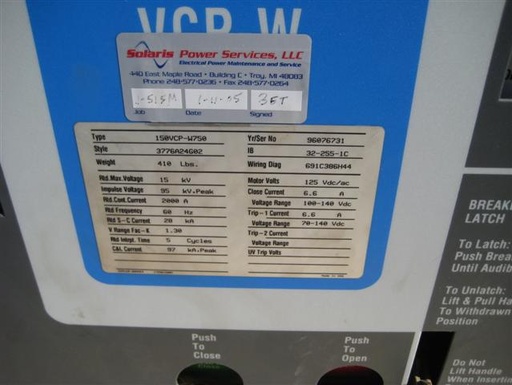 [039122] 2000 Amp, CUTLER HAMMER, 150VCP-W750, 15 KV, 1996, 125VDC CL/TR/MT, EO/DO, 28KA