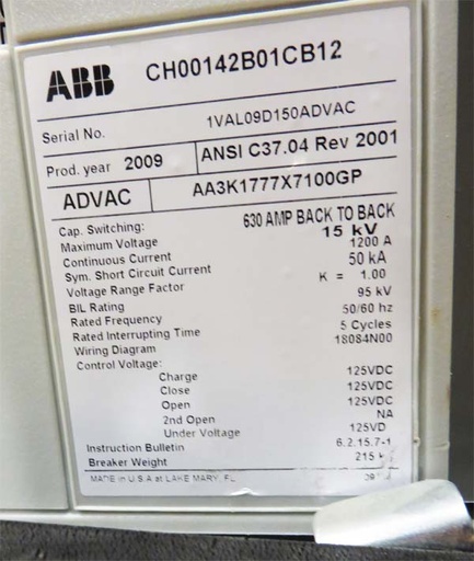 [039973] 1200 Amp, ABB, ADVAC, 15 KV, 125 CLOSE & TRIP, UNUSED:1