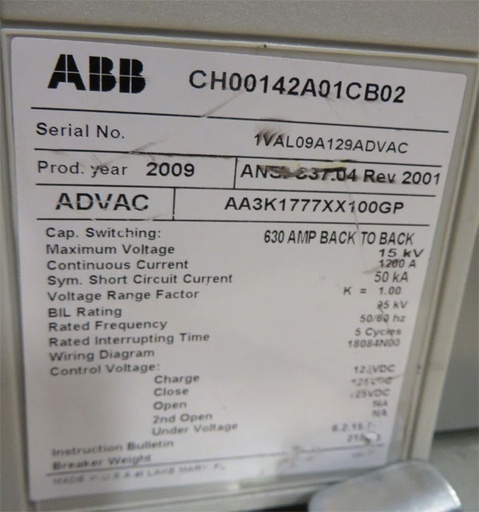 [039974] 1200 Amp, ABB, ADVAC, 15 KV, 125 CLOSE & TRIP, UNUSED:1
