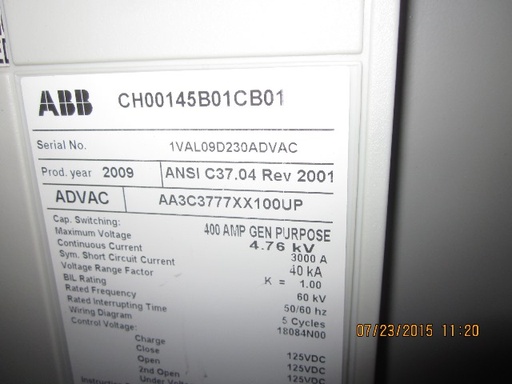 [039981] 3000 Amp, ABB, ADVAC, 4160 V., 2009, 125 VDC CLOSE & TRIP, UNUSED:1