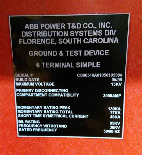 [040503] 3000 Amp, ABB, GROUND & TEST, 15 KV, 1999, 6 TERMINAL SIMPLE, UNUSED:1